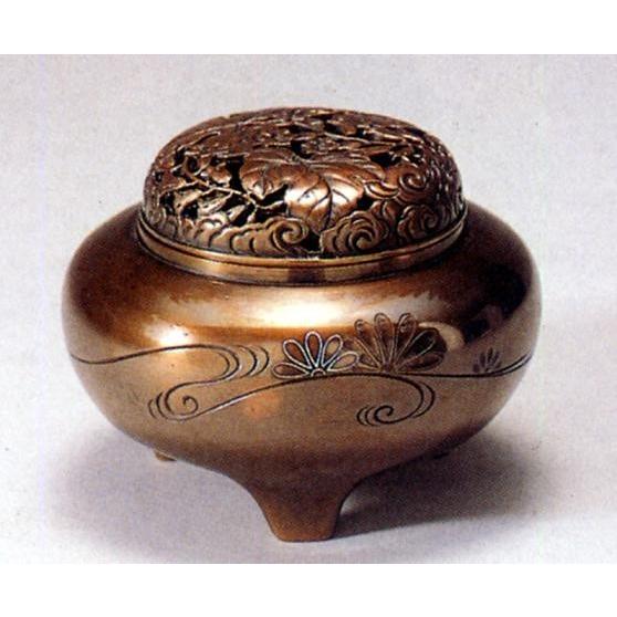 香炉｜ 香立て｜香炉 平丸型(菊水銀象嵌入)｜瑞峰作(宏采・刻) 青銅 