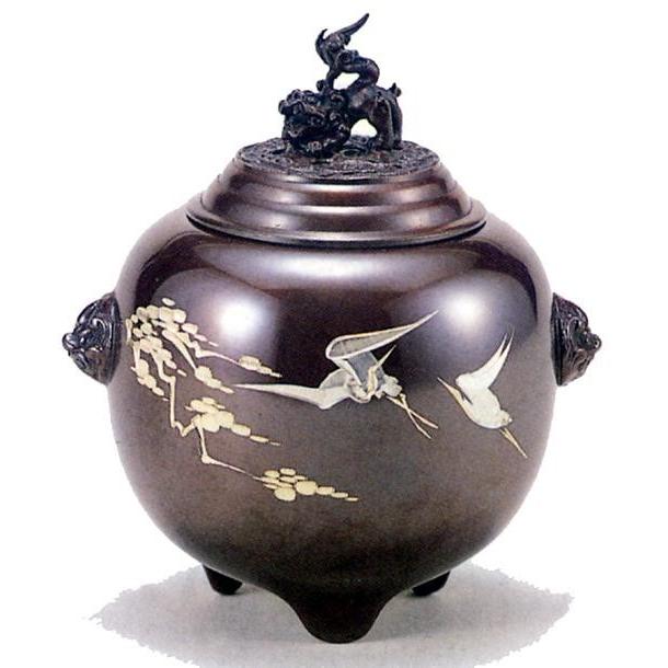 香炉｜ 香立て｜香炉 夏目型 獅子蓋(松鶴彫金)｜青銅(ブロンズ)製 桐 