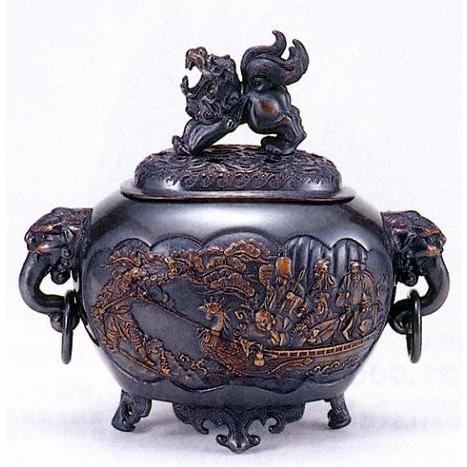 高岡銅器 米田陵山作 鋳銅 獅子摘 四方香炉 鼎 M R7650 高岡