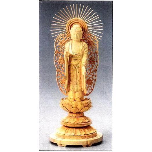 仏像　木製御本尊仏像｜浄土真宗西本願寺派(お西)｜西立弥陀　３．５寸　丸台座　唐草光背｜　つげ（ツゲ　柘　柘植　黄楊）｜手彫り｜阿弥陀如来