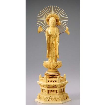 仏像　木製御本尊仏像｜浄土真宗大谷派(お東)｜　東立弥陀　３．５寸　丸台（蓮華台）　｜　つげ（ツゲ　柘　柘植　黄楊）｜手彫り｜阿弥陀如来