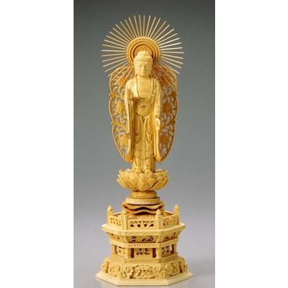 仏像　木製御本尊仏像｜浄土真宗西本願寺派(お西)｜西立弥陀　３．０寸　六角台　唐草光背｜　つげ（ツゲ　柘　柘植　黄楊）｜手彫り｜阿弥陀如来