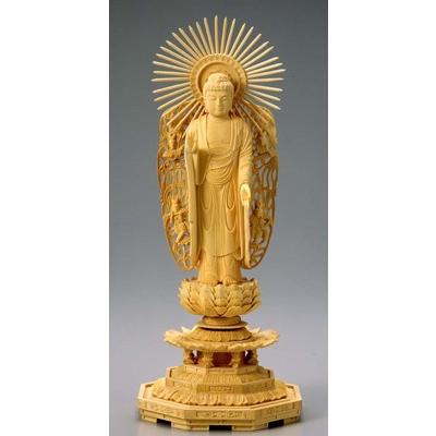 仏像　木製御本尊仏像｜浄土真宗西本願寺派(お西)｜西立弥陀　４．０寸　八角台　飛天光背｜　つげ（ツゲ　柘　柘植　黄楊）｜手彫り｜阿弥陀如来