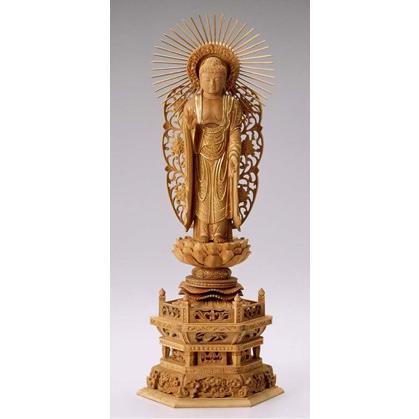 仏像　木製御本尊仏像｜浄土真宗西本願寺派(お西)｜西立弥陀　５．０寸　六角台　唐草光背｜　白檀（びゃくだん）｜手彫り｜阿弥陀如来