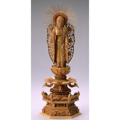 仏像　木製御本尊仏像｜浄土真宗西本願寺派(お西)｜西立弥陀　５．０寸　ケマン座　唐草光背｜　白檀（びゃくだん）｜手彫り｜阿弥陀如来