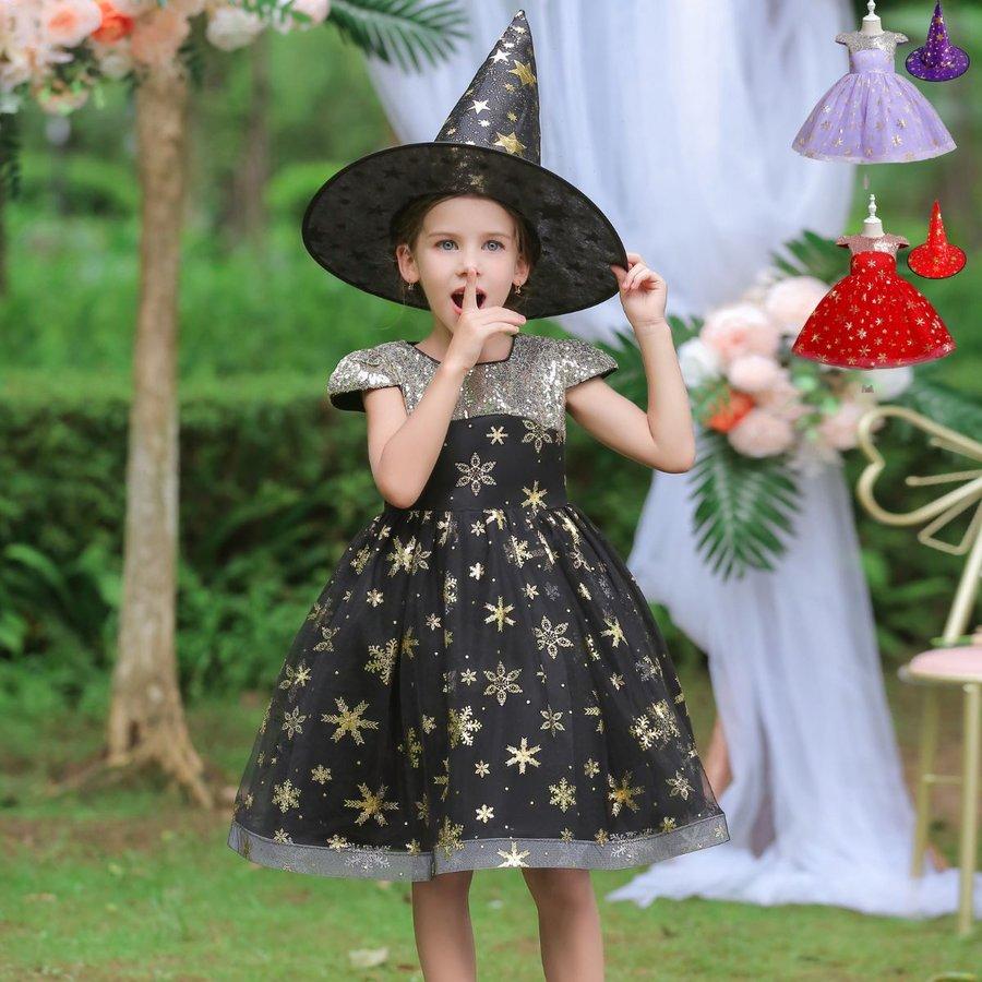 ハローウィンドレス 帽子付き 膝丈 パーティードレス 子供 発表会ドレス ピアノ パープル ブラック オレンジ プリンセス 妖精 魔女ドレス Belssw わらしべの館 通販 Yahoo ショッピング