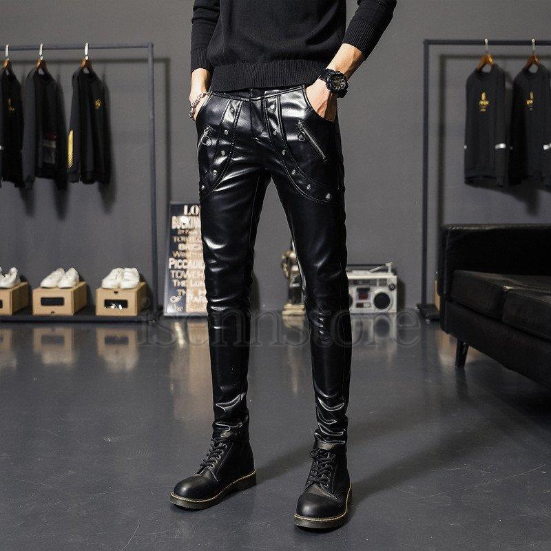 革パンツ メンズ レザーパンツ タイト ストレッチ フェイクレザー 無地