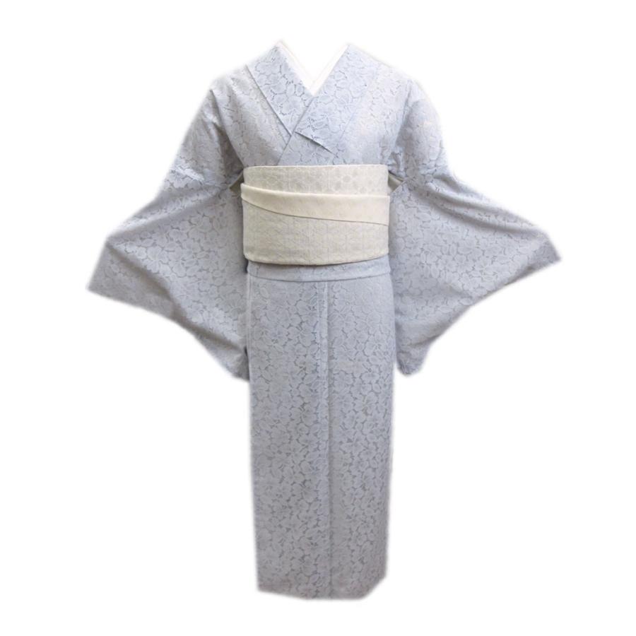 着物 洗える 袷 小紋 半巾帯 細帯 2点セット H・L 薄グレー地桜