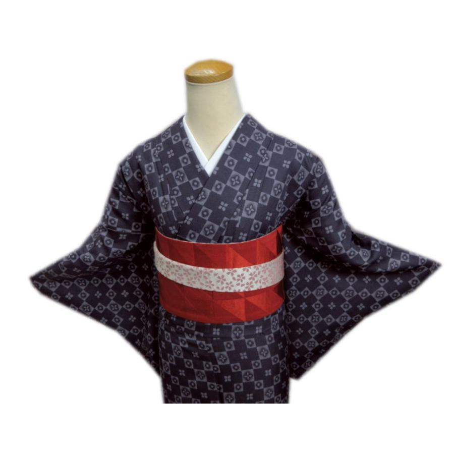 着物 洗える 袷 小紋 半巾帯 細帯 リバーシブル 2点セット 濃紺色地菱小花市松 M Ｌ カジュアル きもの プレタ 半幅帯 女性用 着物 洗える 袷 小紋 半巾帯 細帯 リバーシブル 2点セット 濃紺色地菱