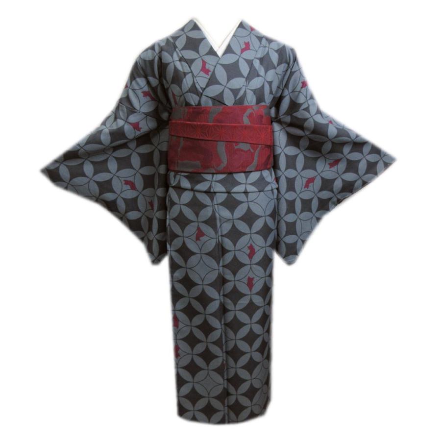着物 洗える 袷 小紋 半巾帯 細帯 2点セット グレーレンガ色地七宝猫