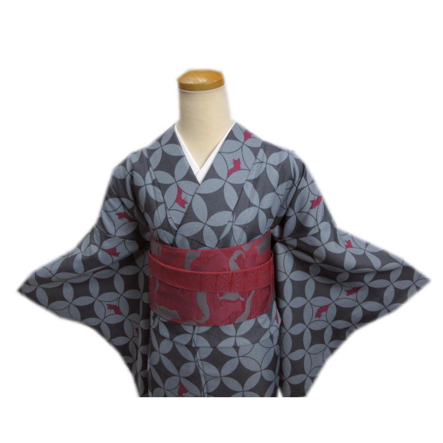 着物 洗える 袷 小紋 半巾帯 細帯 2点セット 濃グレー薄グレー地七宝猫