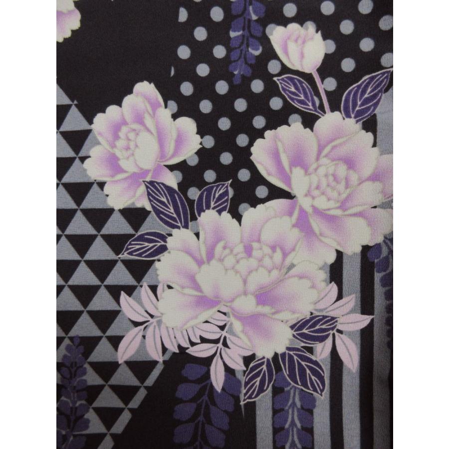 着物 洗える 袷 小紋 半巾帯 細帯 2点セット H・L 黒地牡丹藤ドット