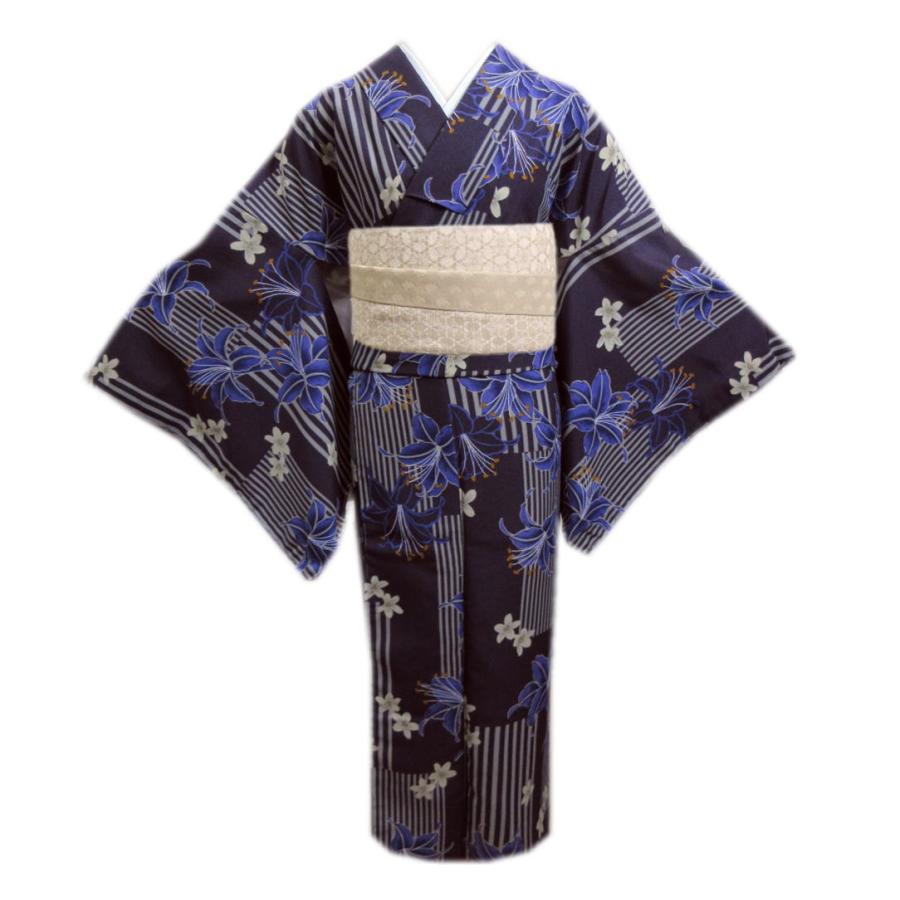 着物 洗える 袷 小紋 半巾帯 細帯 2点セット Ｈ・Ｌ 濃茄子紺紫地百合小花ライン フリー カジュアル きもの プレタ 半幅帯 女性用 着物 洗える 袷 小紋 半巾帯 細帯 2点セット H・L 濃茄子紺紫地百合
