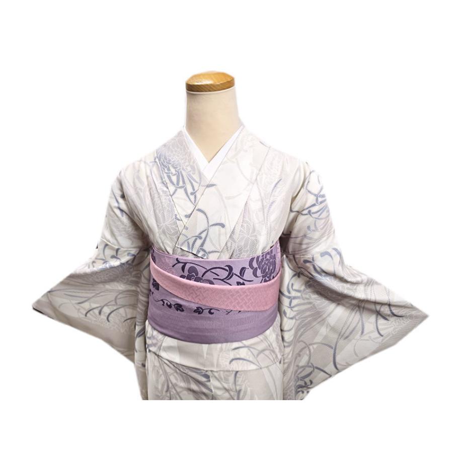 着物 レース 洗える 袷 小紋 半巾帯 細帯 2点セット 淡グレー フリー