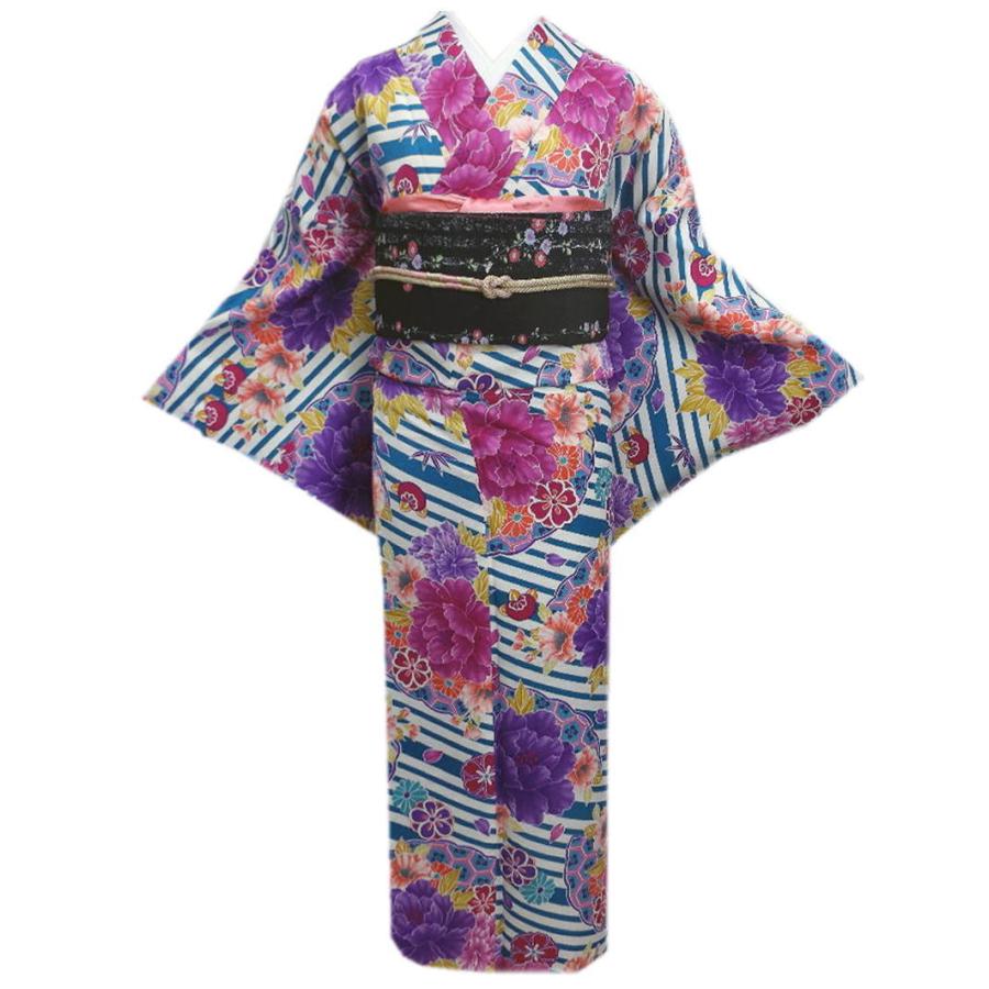 着物 洗える 袷 小紋 と 軽装帯 付け帯 2点セット 総柄水色ストライプ地牡丹古典花 Ｌ カジュアル きもの プレタ 作り帯 女性用 着物 洗える 袷 小紋 と 軽装帯 付け帯 2点セット 総柄水色ストライプ