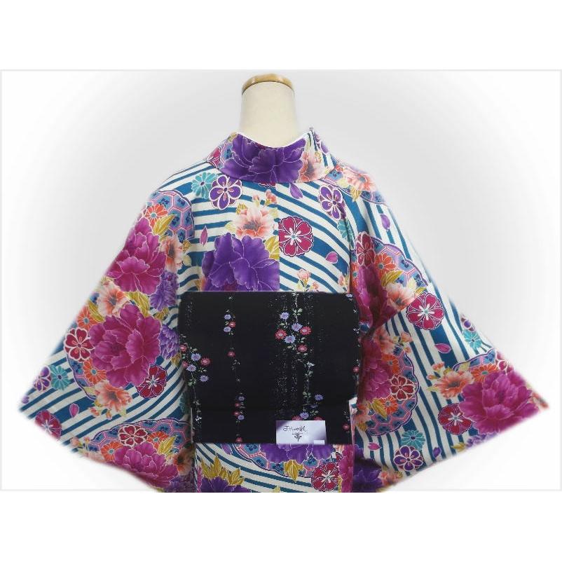 着物 洗える 袷 小紋 と 軽装帯 付け帯 2点セット 総柄水色ストライプ