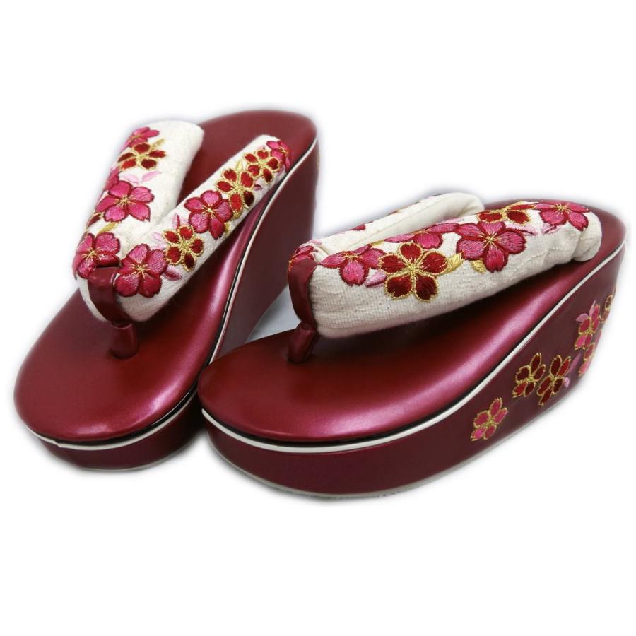 草履 ぞうり 厚底 ヒール こっぽり風 ワイン台桜刺繍鼻緒白 フリー 
