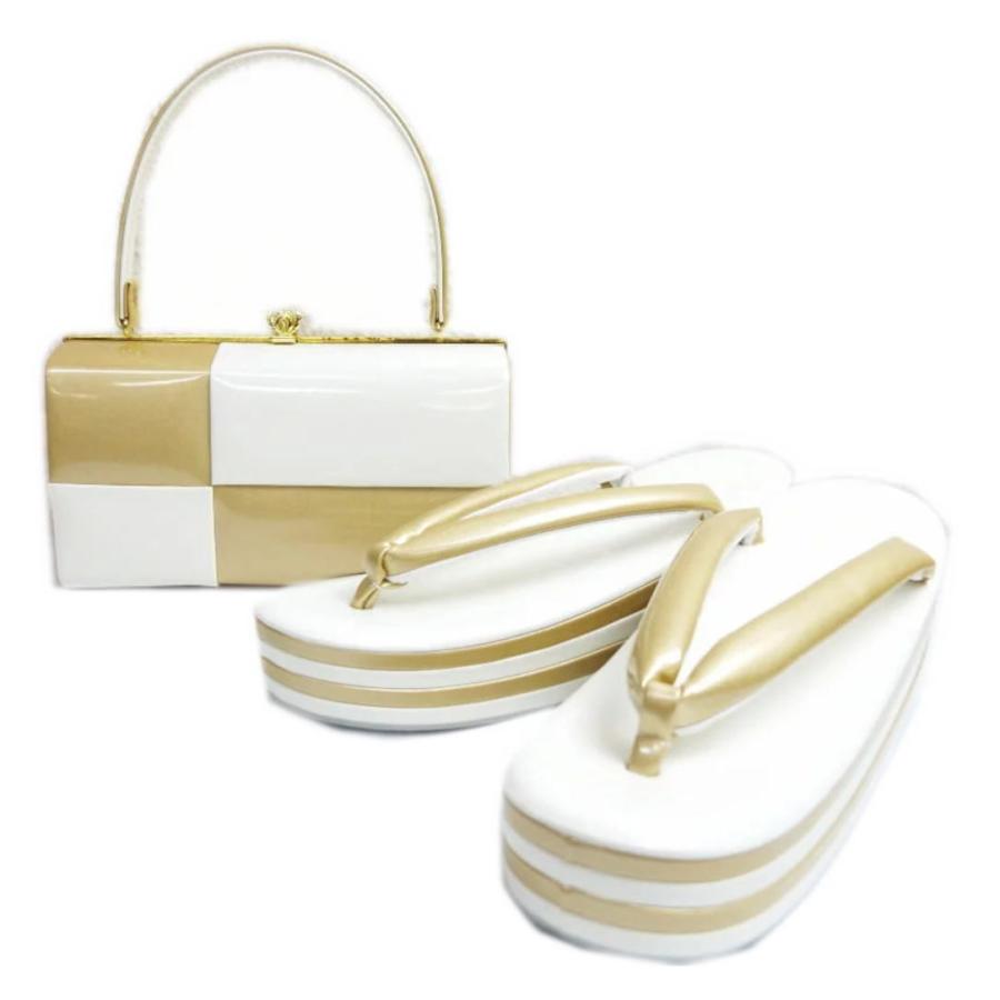 草履バッグセット エナメル 横角型 市松白金 フリー ＬＬ 日本製 振袖 成人式 卒業式 袴 着物