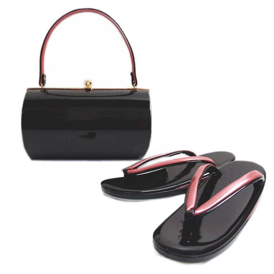 草履バッグセット エナメル 横丸型 黒色（ピンク） ＬＬ 大きいサイズ 日本製 振袖 成人式 卒業式 袴 着物 訪問着 無地 草履バッグセット エナメル 横丸型 黒色（ピンク） L 日本製 振袖