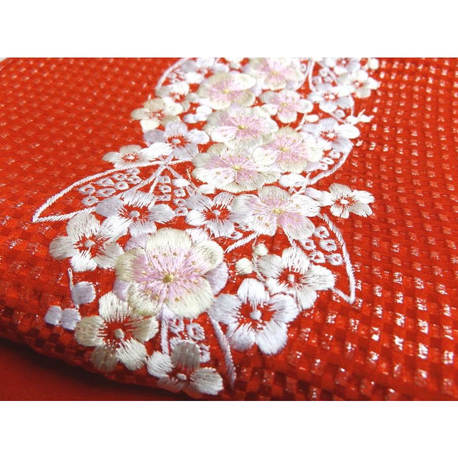 帯揚げ 帯上げ 銀通し ふくれ織 刺繍入り 正絹 赤色地八重梅枝 丹後