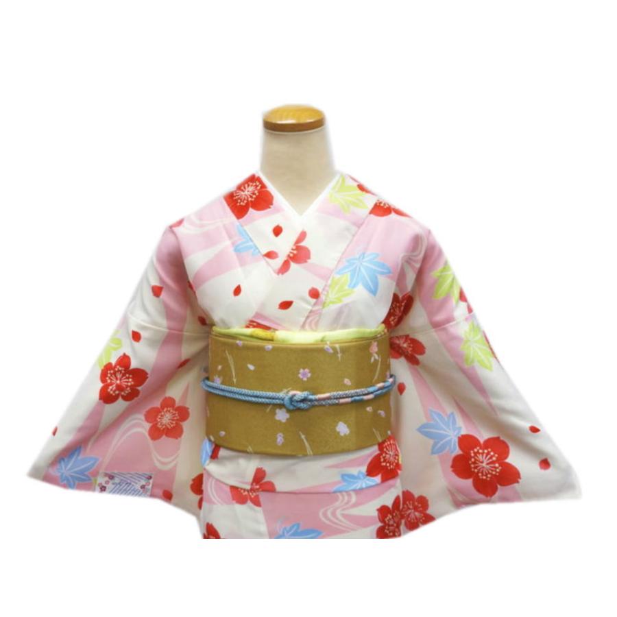 着物 洗える 単衣 小紋 と 軽装帯 付け帯 2点セット ピンク薄クリーム