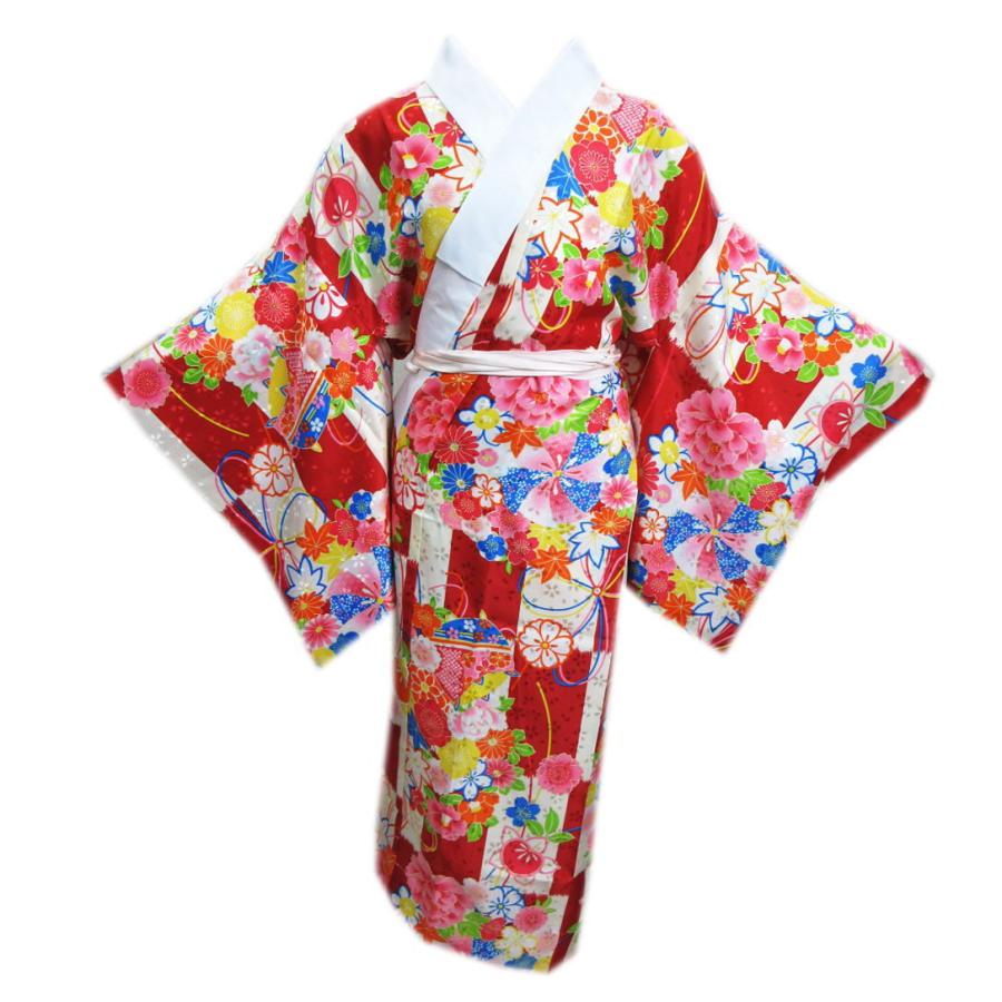 ＳＳお仕立て上がり正絹長襦袢　赤、薄クリーム地に水車模様、花地紋　半衿付き SSお仕立て上がり正絹長襦袢 赤、薄クリーム地に水車模様、花地紋 半