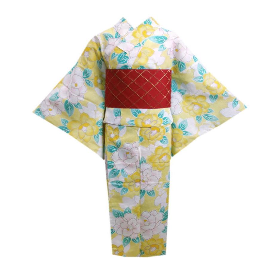 新品　花柄　着やすい　2部式　浴衣ワンピース・帯セット（黄色） 浴衣 セパレート 二部式 結び帯 2点セット ラメ入り 薄黄色地椿 フリー