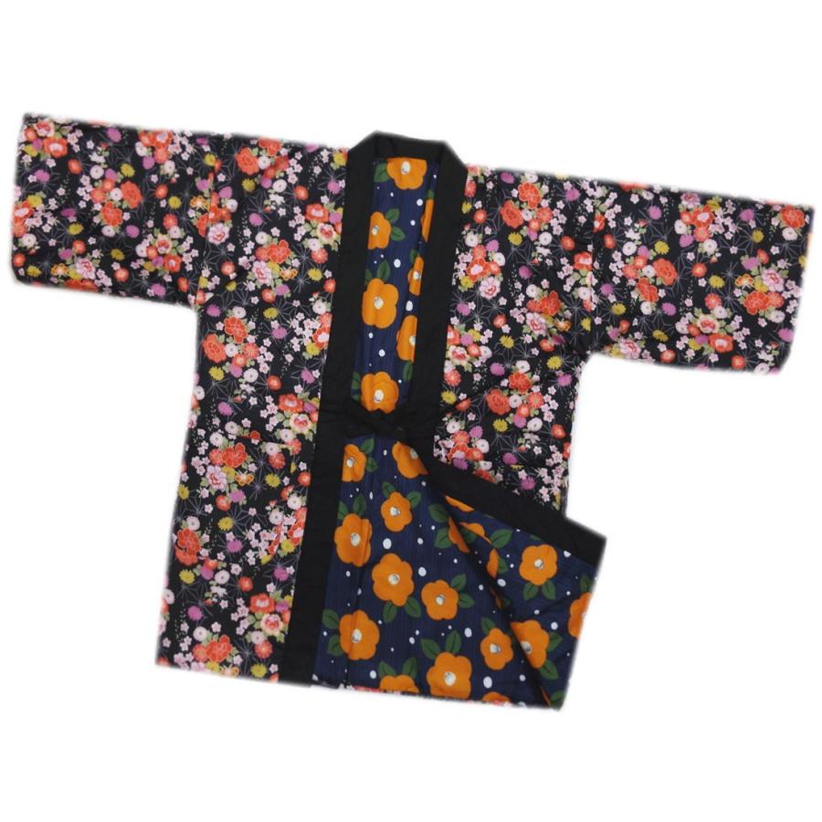 半天 袢纏 はんてん 女性用 和柄 リバーシブル 綿入 濃紺色地橙椿 M