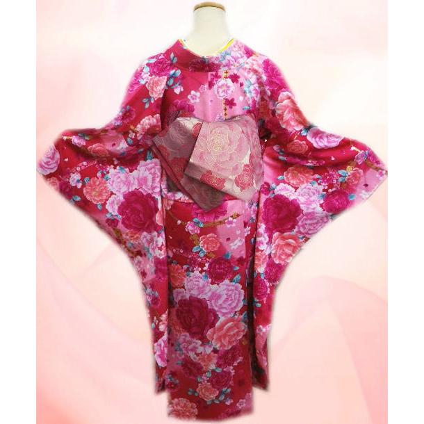 振袖 洗える お買上 お仕立上がり 袋帯 長襦袢 3点セット ピンク地大輪薔薇八重桜 フリー 成人式 購入 総柄 出来上がり ポリエステル 振袖 洗える お買上 お仕立上がり 袋帯 長襦袢 3点セット ピンク地大輪