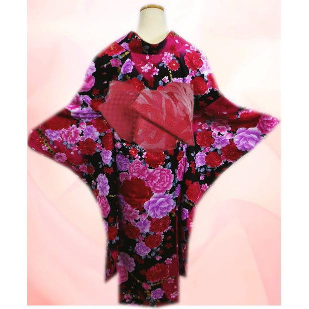 振袖 洗える お買上 お仕立上がり 袋帯 長襦袢 3点セット 黒赤地大輪