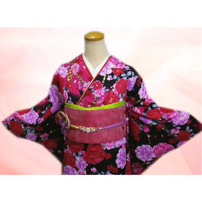 振袖 洗える お買上 お仕立上がり 袋帯 長襦袢 3点セット 黒赤地大輪