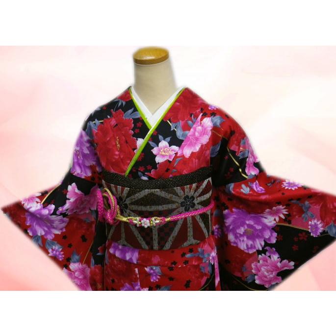 振袖 洗える お買上 お仕立上がり 袋帯 長襦袢 3点セット 赤黒地大輪牡丹桜 フリー 成人式 購入 総柄 出来上がり ポリエステル 振袖 洗える お買上 お仕立上がり 袋帯 長襦袢 3点セット 赤黒地大輪