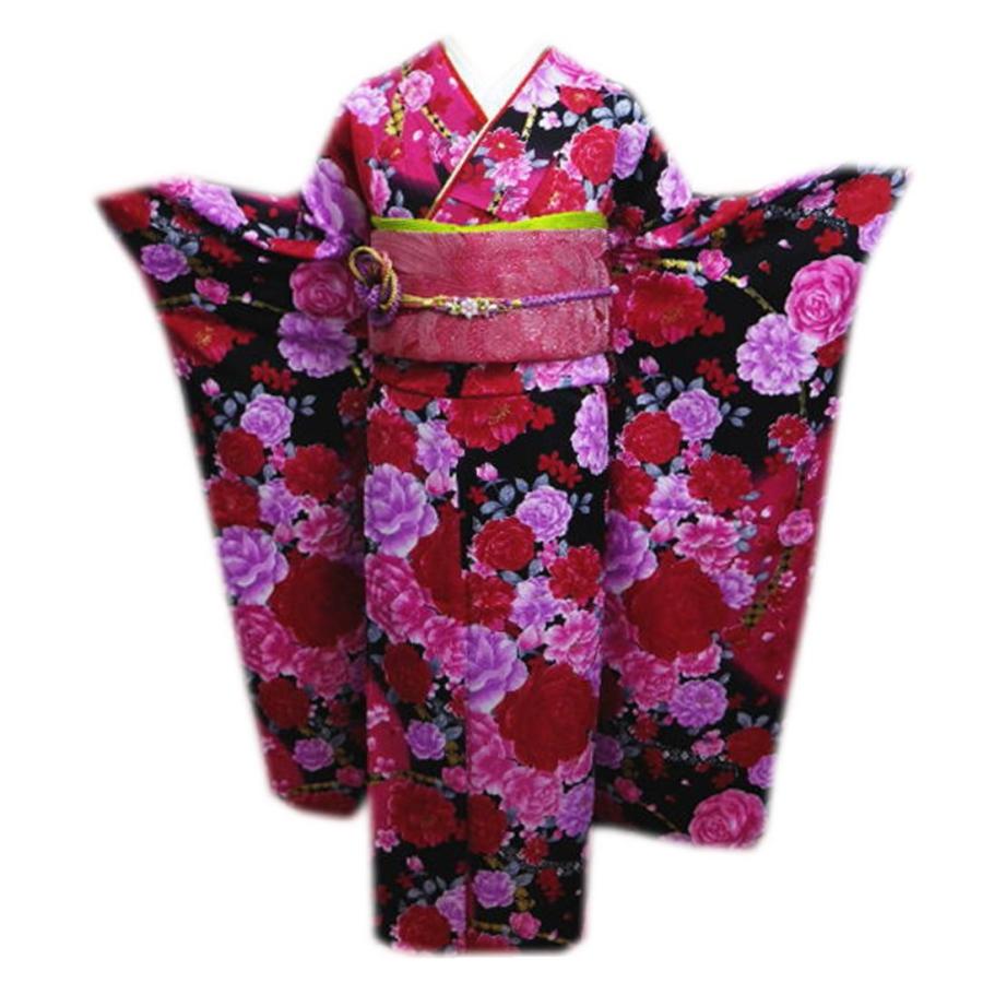 振袖 洗える お買上 お仕立上がり フルセット フリー 黒赤色地大輪薔薇