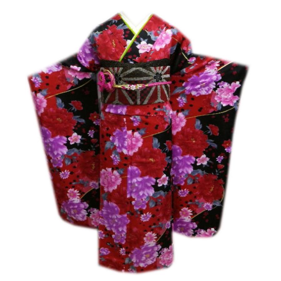 振袖 洗える お買上 お仕立上がり フルセット フリー 赤黒色地大輪牡丹桜 成人式 結婚式
