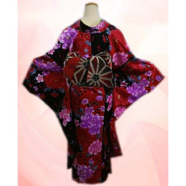 振袖 洗える お買上 お仕立上がり フルセット フリー 赤黒色地大輪牡丹