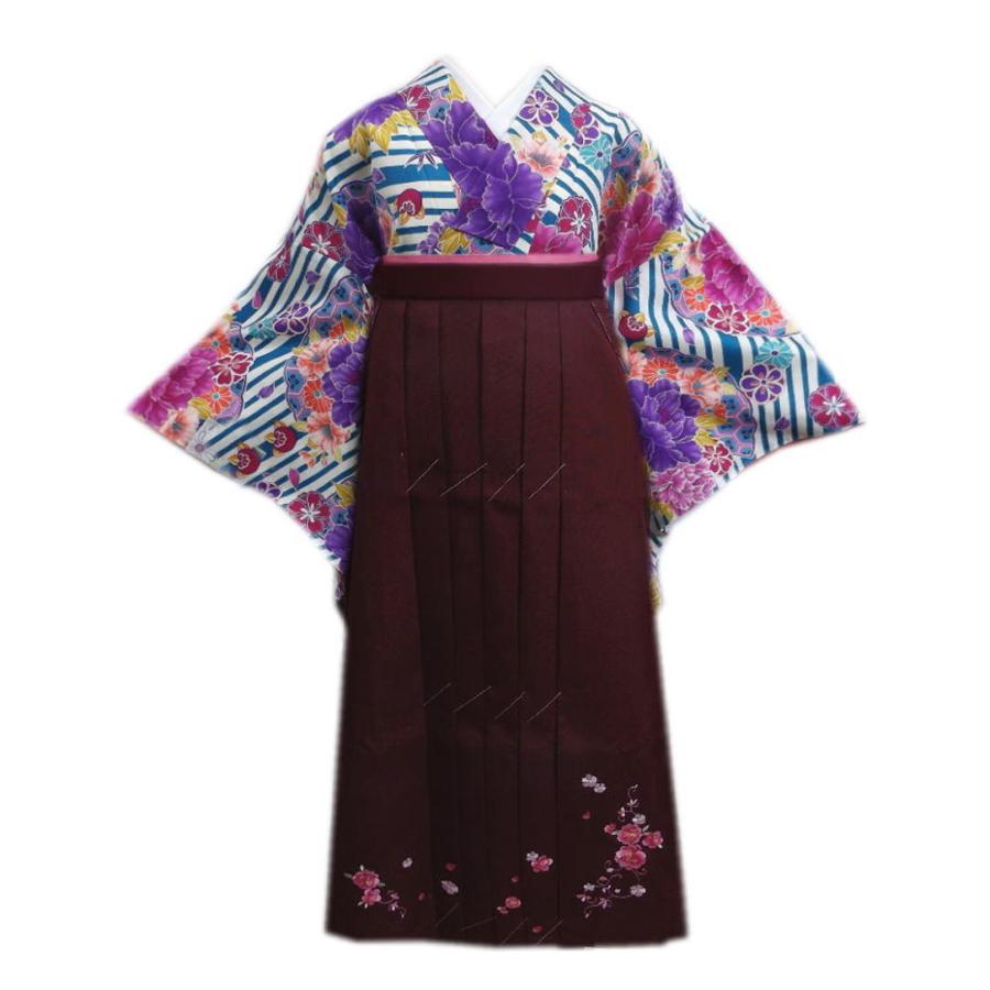 【お買上 新品】 小振袖 二尺袖 袴 長襦袢 3点セット 水色ストライプ地牡丹古典花 フリー エンジ地刺繍袴 卒業式 謝恩会 購入 女性用 レディース お買上 新品】 小振袖 二尺袖 袴 長襦袢 3点セット 水色ストライプ地