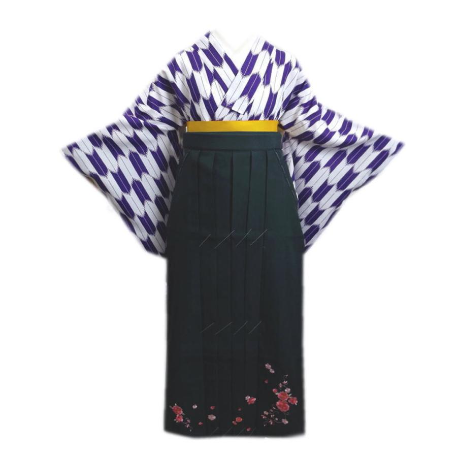 【お買上 新品】 小振袖 二尺袖 袴 長襦袢 3点セット 白紫矢絣 Ｍ 濃緑地刺繍袴 卒業式 謝恩会 購入 女性用 レディース お買上 新品】 小振袖 二尺袖 袴 長襦袢 3点セット 白紫矢絣 M 濃緑地