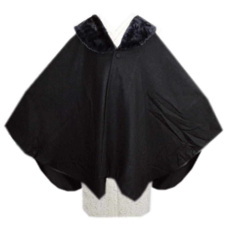 ケープ 着物 コート ポンチョ 黒 ブラック フリー ファー付 ウール混