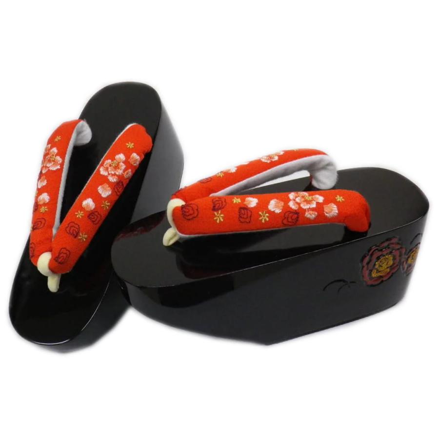 こっぽり ぽっくり 下駄 黒台牡丹彫朱赤鼻緒 フリー 日本製 振袖 成人式 卒業式 袴 着物