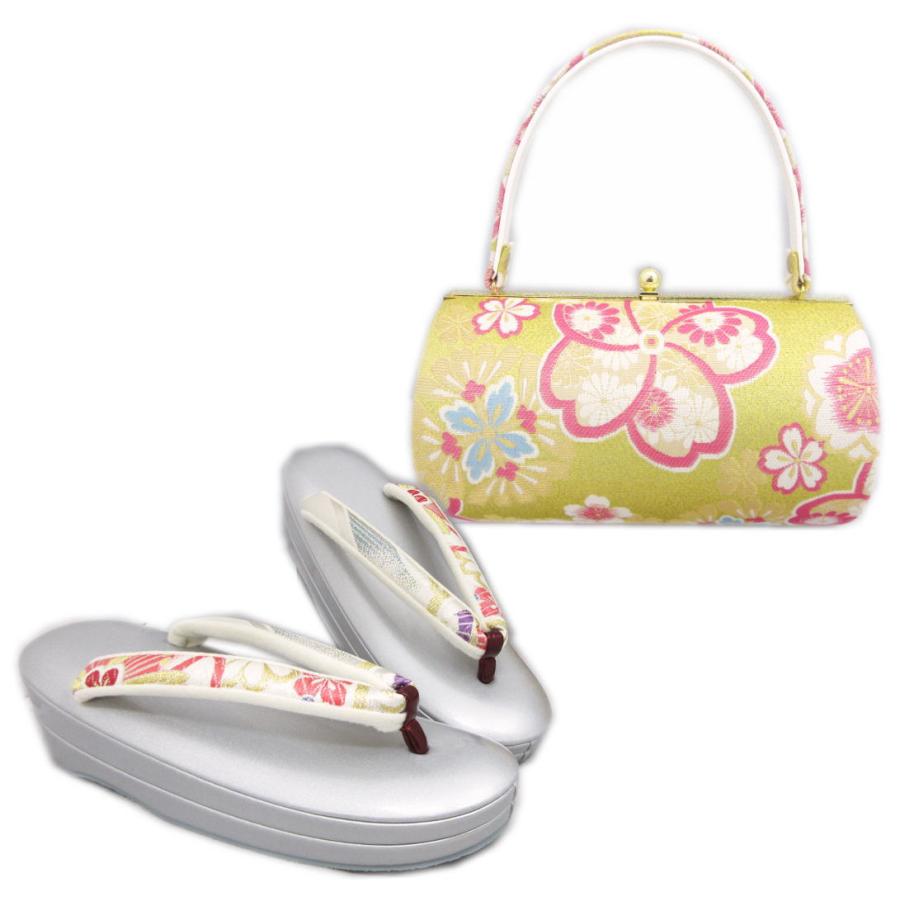 草履バッグセット 西陣織（佐賀錦） 正絹 帯地 横丸型 金糸入り金色地桜文様古典花 Ｌ 日本製 振袖 成人式 卒業式 袴 訪問着 着物 クッションぞうり 草履バッグセット 西陣織（佐賀錦） 正絹 帯地 横丸型 金糸 入り金色地