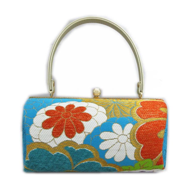 草履バッグセット 西陣織 正絹 帯地 横丸型金糸入り水色赤白地大輪梅