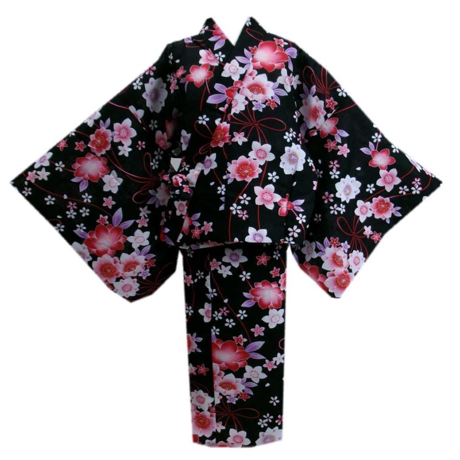 浴衣 セパレート 二部式 キッズ 結び帯 2点セット 黒色地可憐花小桜