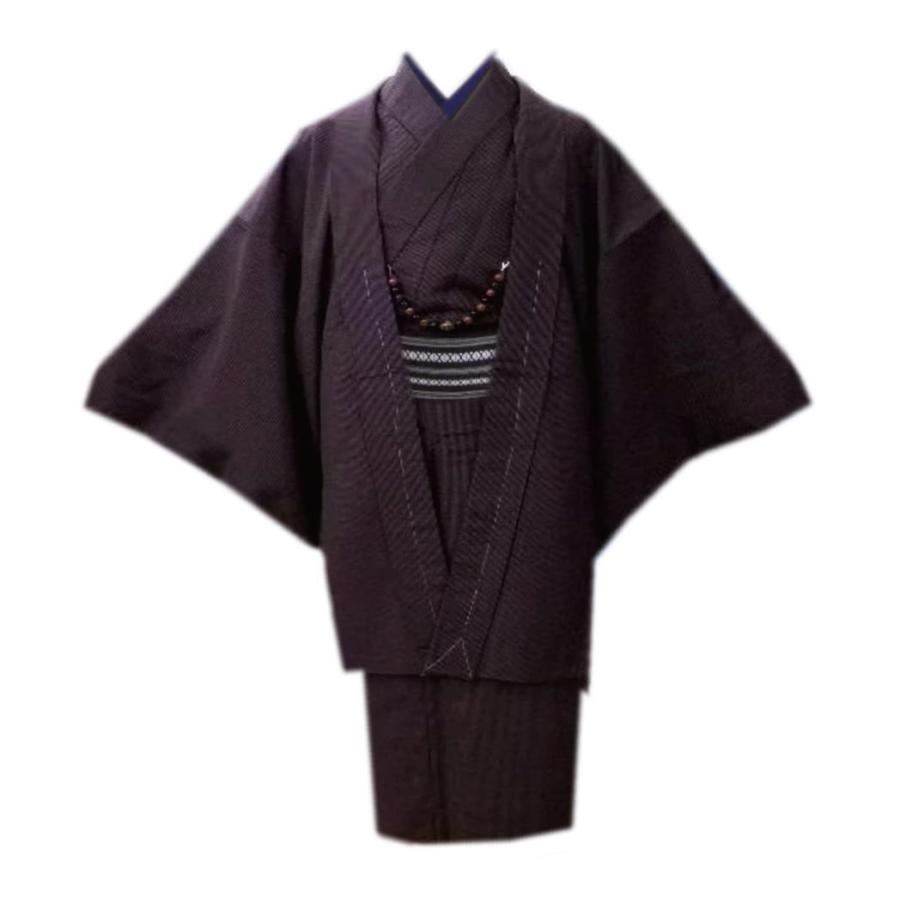 着物 袷 メンズ 男物 男性 お仕立て上がり 5点セット 紫黒ライン Ｍ 羽織 羽織紐 ワンタッチ角帯 半襦袢 洗える 着物 袷 メンズ 男物 男性 お仕立て上がり 5点セット 紫黒ライン M
