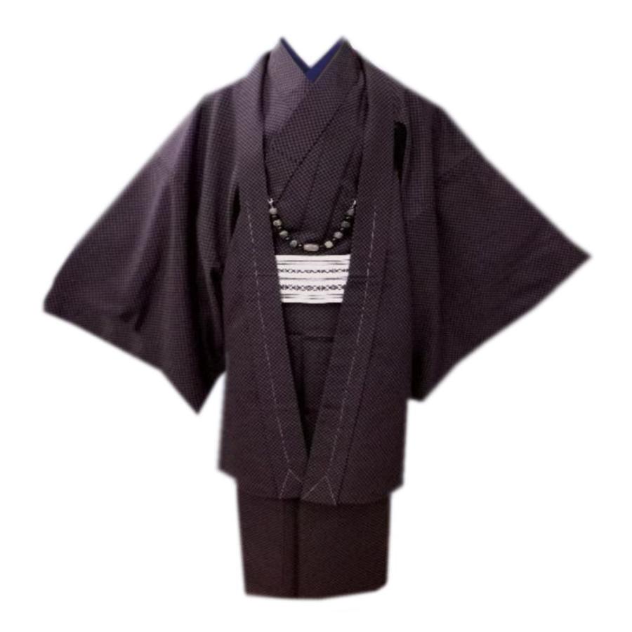 着物 袷 メンズ 男物 男性 お仕立て上がり 5点セット 紫黒市松 Ｍ 羽織 羽織紐 ワンタッチ角帯 半襦袢 洗える 着物 袷 メンズ 男物 男性 お仕立て上がり 5点セット 紫黒市松 M 羽織