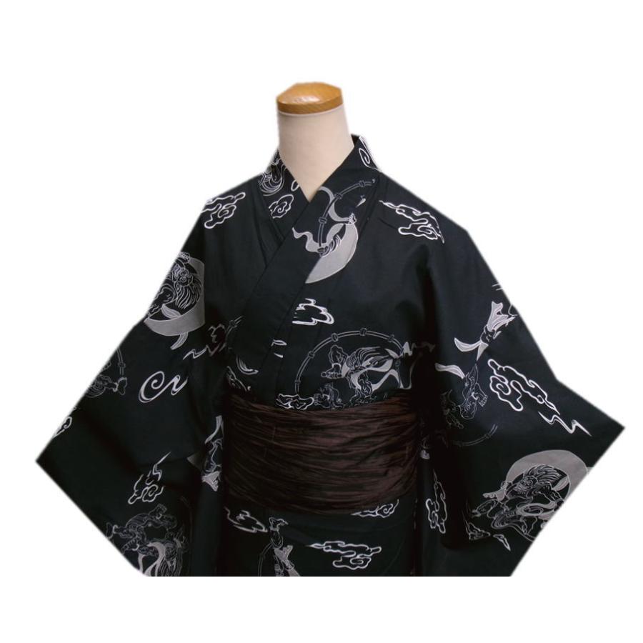 浴衣 メンズ 男性 兵児帯 シワ 2点セット 黒地風神雷神 3L 4L 5L