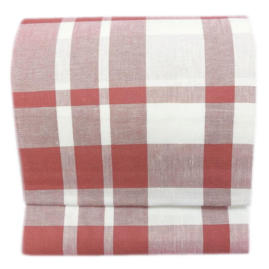 八寸名古屋帯 本麻 夏用 全通 格子チェック朱赤 日本製 夏物 単衣