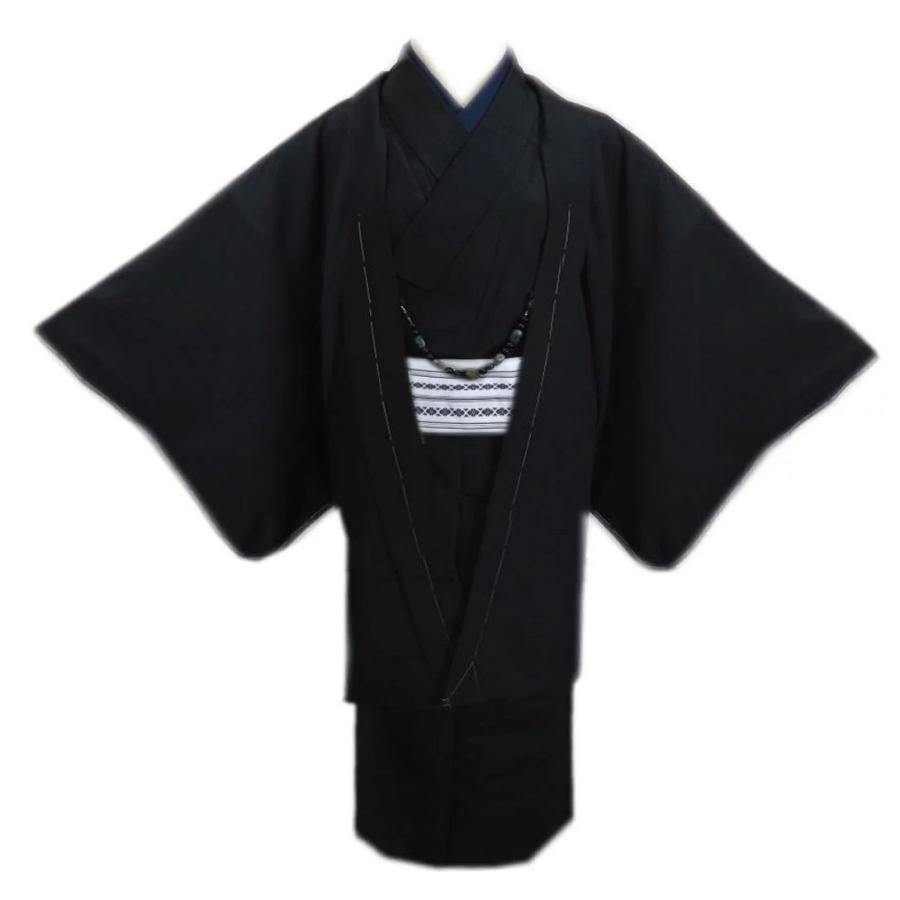 着物 袷 メンズ 男物 男性 お仕立て上がり 5点セット 黒色 Ｍ Ｌ ＬＬ 羽織 羽織紐 ワンタッチ角帯 半襦袢 洗える 無地 着物 袷 メンズ 男物 男性 お仕立て上がり 5点セット 黒色 M L LL