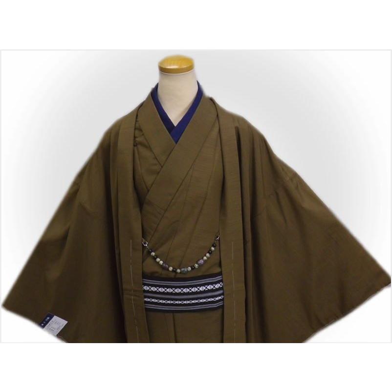 着物 袷 メンズ 男物 男性 お仕立て上がり 5点セット 茶色 Ｍ Ｌ ＬＬ 羽織 羽織紐 ワンタッチ角帯 半襦袢_1