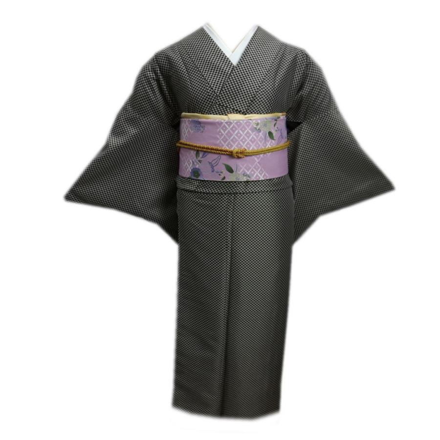 着物 洗える 袷 小紋 と 軽装帯 付け帯 2点セット 黒グレー市松 Ｍ 着物 洗える 袷 小紋 と 軽装帯 付け帯 2点セット 黒グレー市松 M