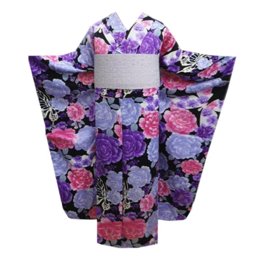 振袖 お買上 お仕立上がり 単品 黒地八重桜薔薇蝶 フリー ポリエステル 成人式 購入 リメイク 生地 総柄 黒色